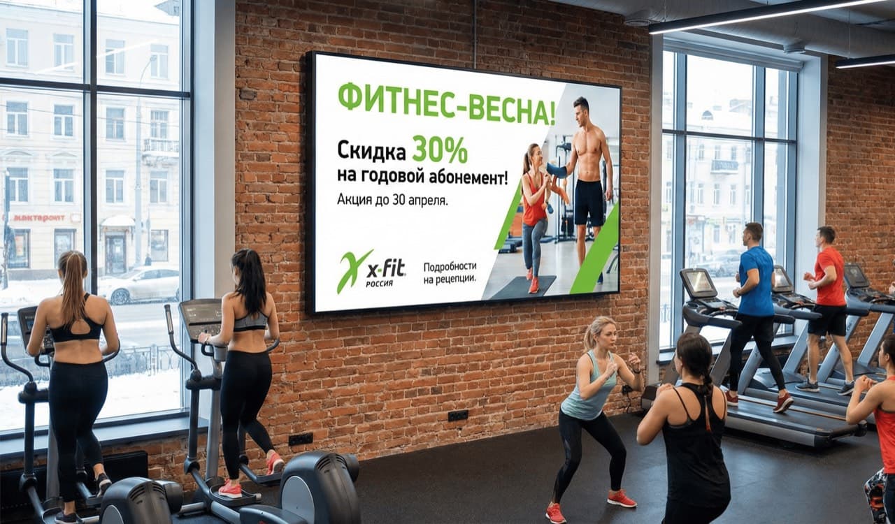 Цифровые экраны в фитнес-клубе