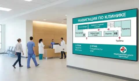 Иллюстрация: схема этажей клиники на настенном экране