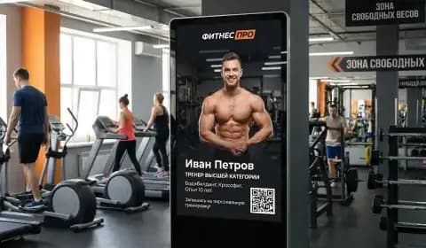 Иллюстрация: экран с анонсом персонального тренера у зоны свободных весов