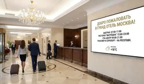 Иллюстрация: экран у ресепшн с приветствием, часами завтрака и погодой