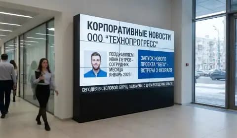 Иллюстрация: экран с корпоративными новостями и меню столовой