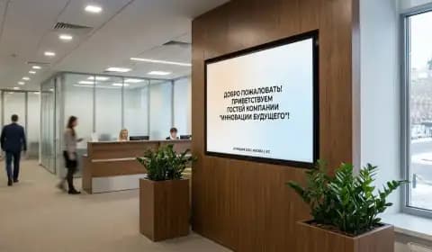Иллюстрация: приветствие гостей компании на экране у ресепшн