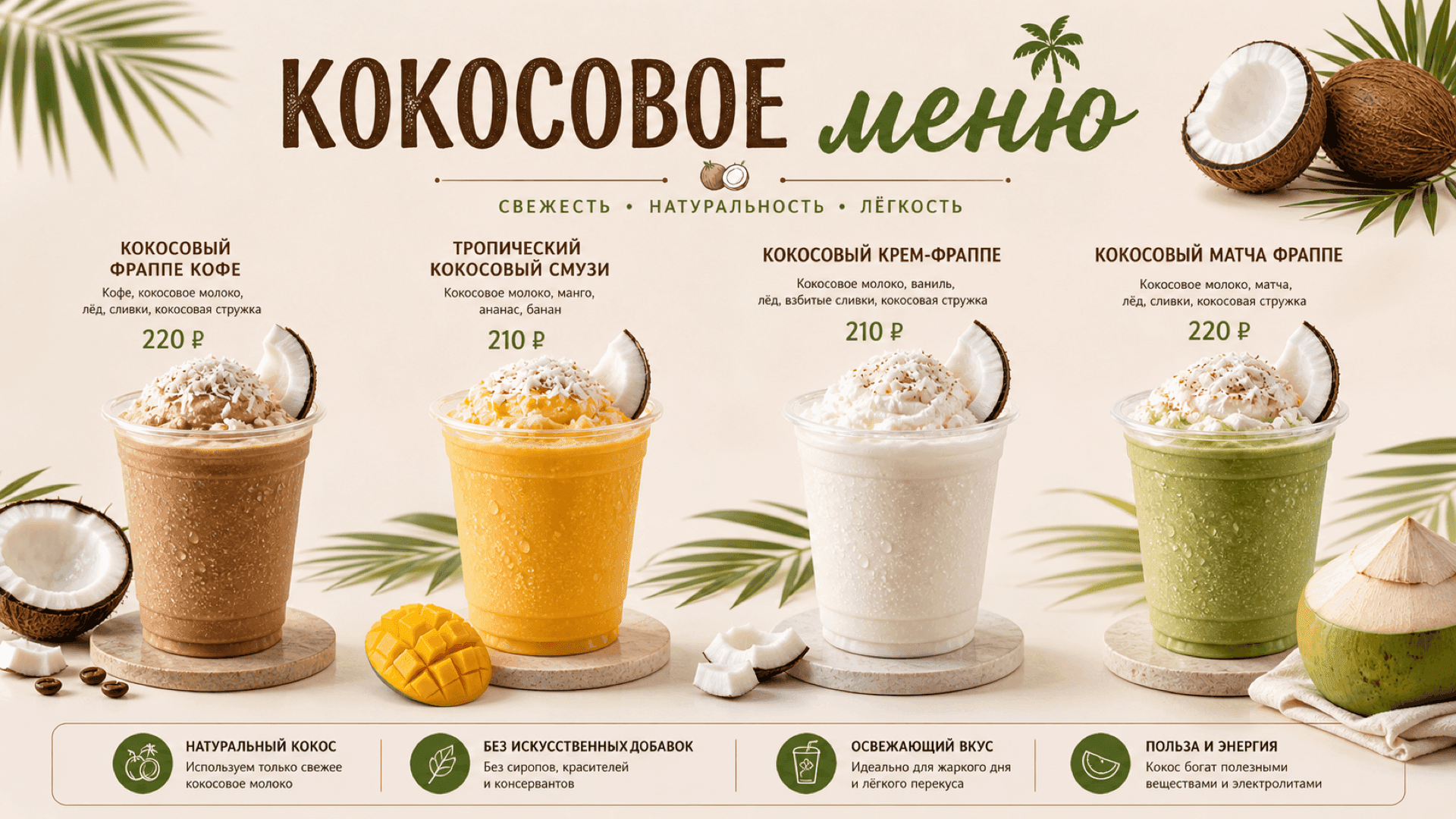 Кокосовое меню напитков, горизонтальная версия 16:9