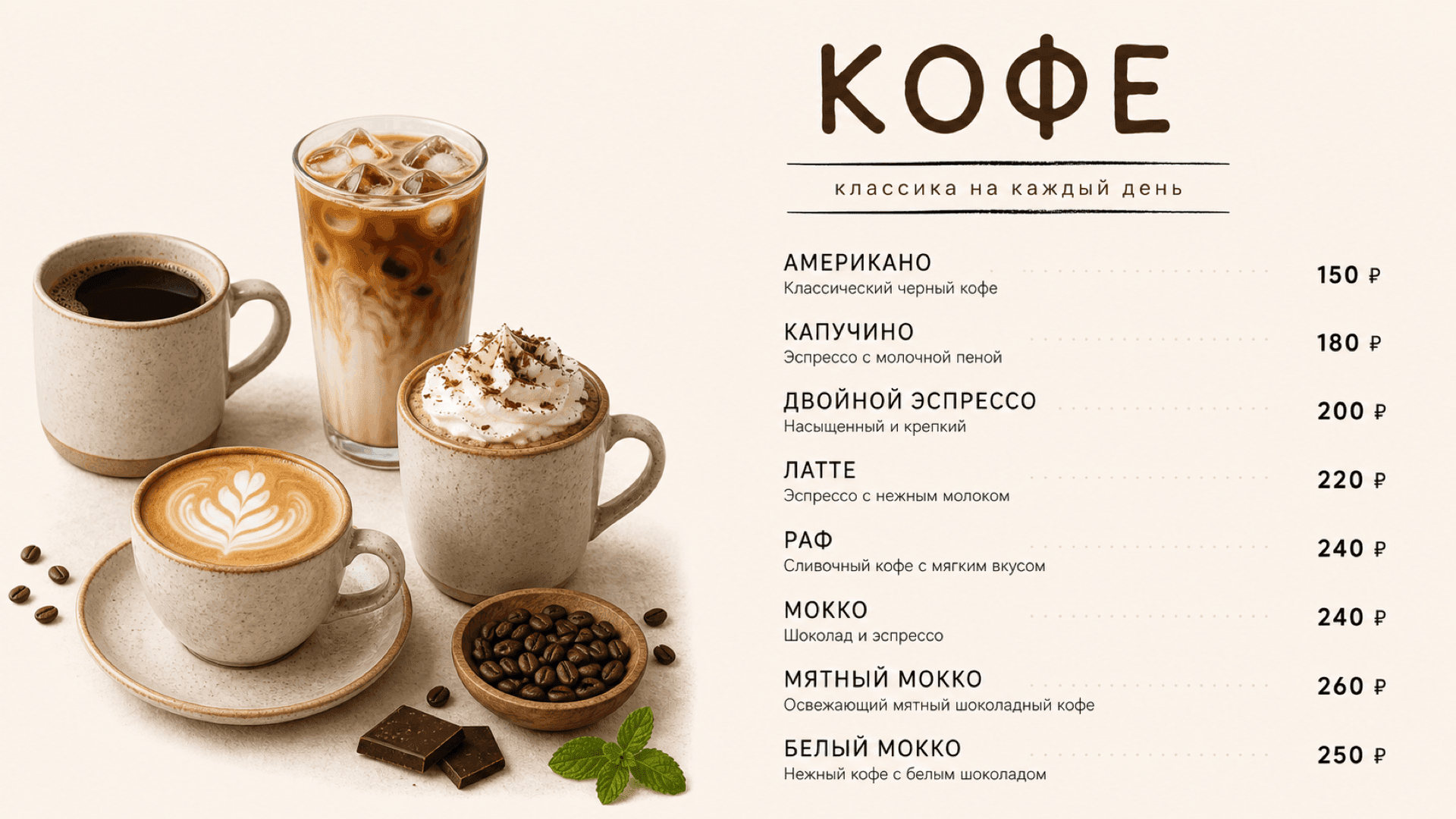 Кофейный прайс, горизонтальная версия 16:9