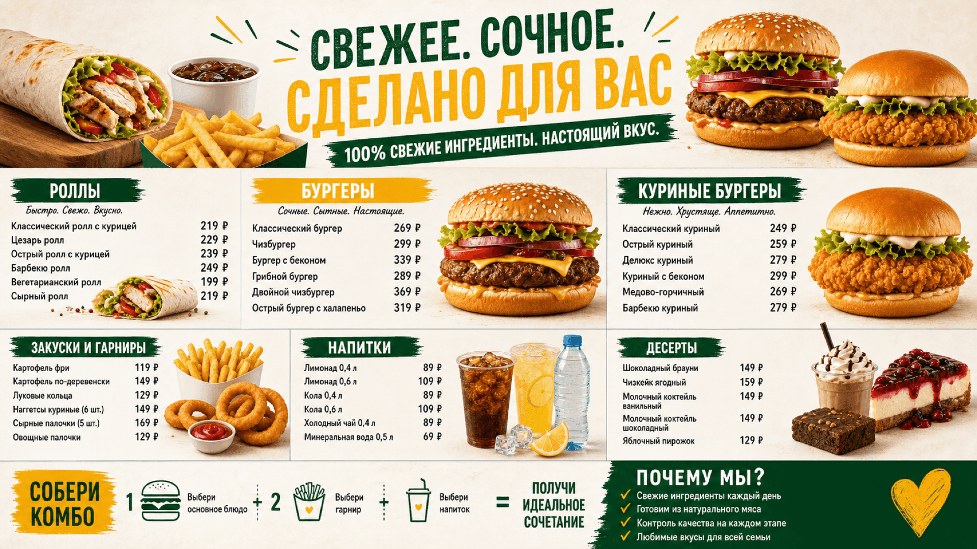 Меню полезных бургеров, горизонтальная версия 16:9