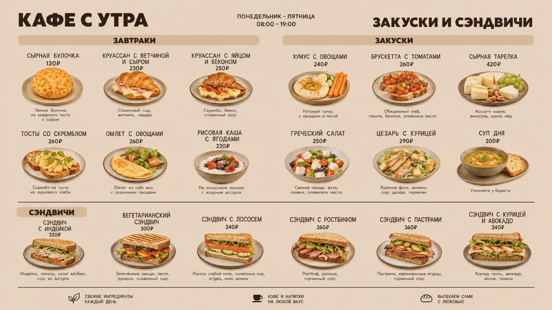 Утреннее меню кафе, горизонтальная версия 16:9