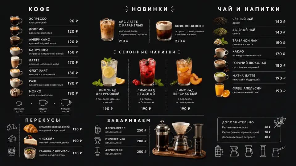 Чёрное меню кофейни — шаблон меню-борда, горизонтальная версия 16:9