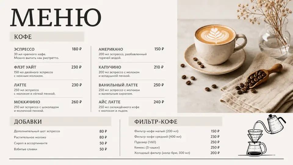 Чёрно-белое меню кофейни — шаблон меню-борда, горизонтальная версия 16:9