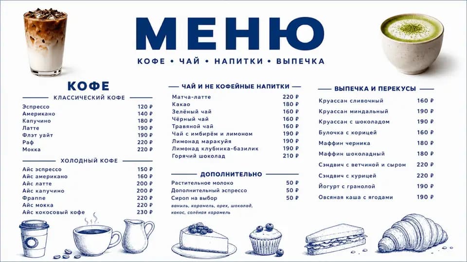 Синее меню кафе — шаблон меню-борда, горизонтальная версия 16:9
