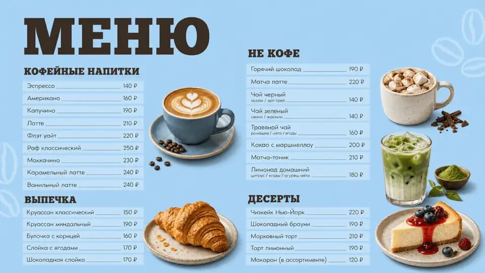 Синее меню кофейни — шаблон меню-борда, горизонтальная версия 16:9