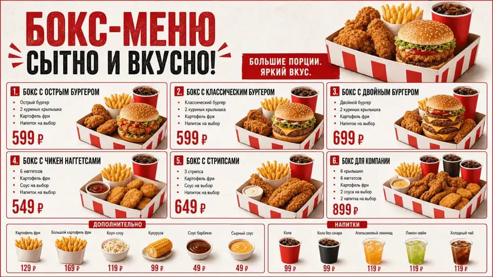 Бокс-меню с курицей и бургерами — шаблон меню-борда, горизонтальная версия 16:9