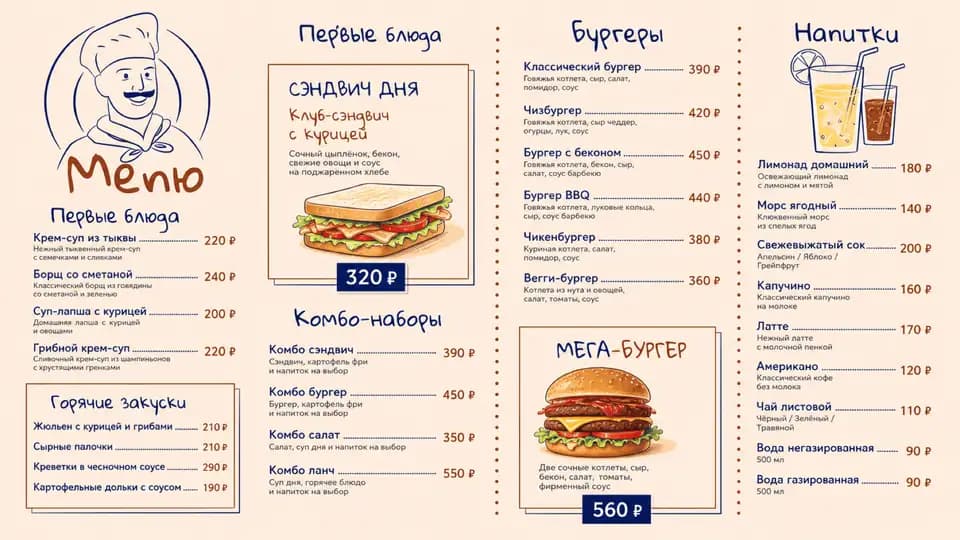 Меню городской столовой — шаблон меню-борда, горизонтальная версия 16:9