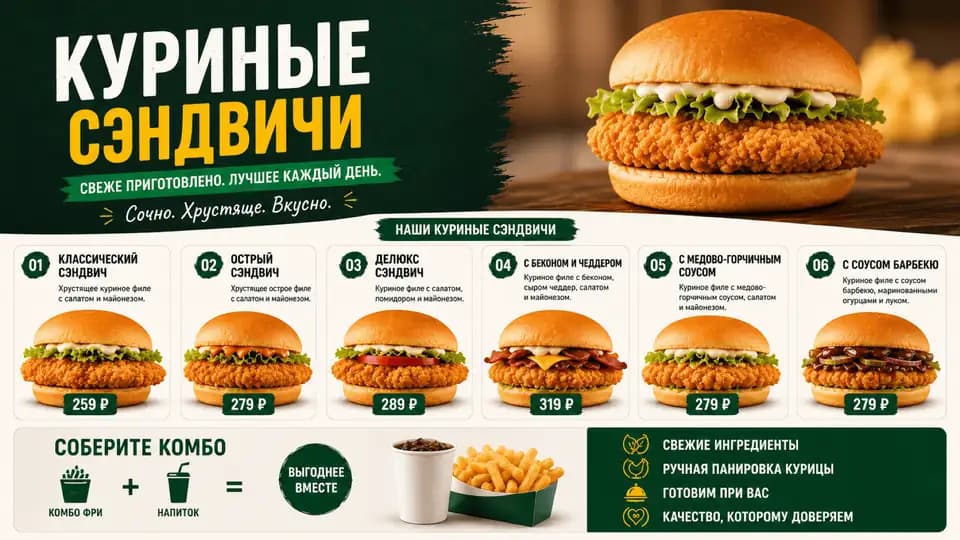 Куриные сэндвичи и комбо — шаблон меню-борда, горизонтальная версия 16:9