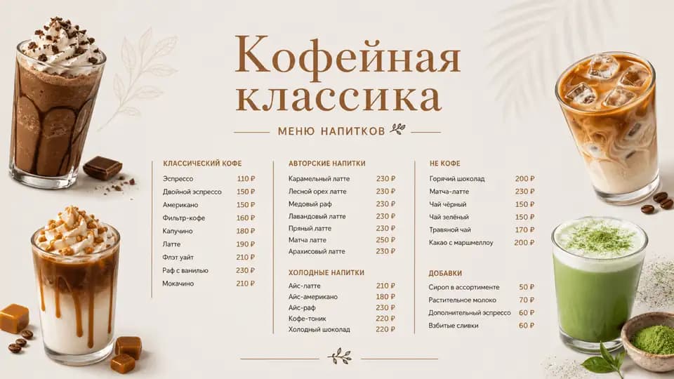 Кофейная классика — шаблон меню-борда, горизонтальная версия 16:9