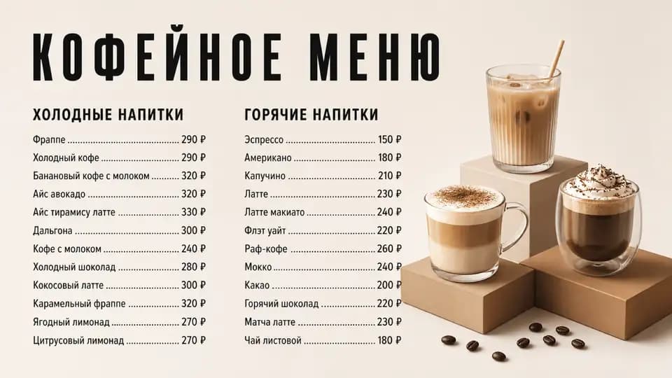 Меню кофейного бара — шаблон меню-борда, горизонтальная версия 16:9