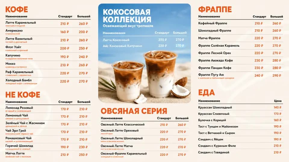 Кофе, фраппе и овсяная серия — шаблон меню-борда, горизонтальная версия 16:9