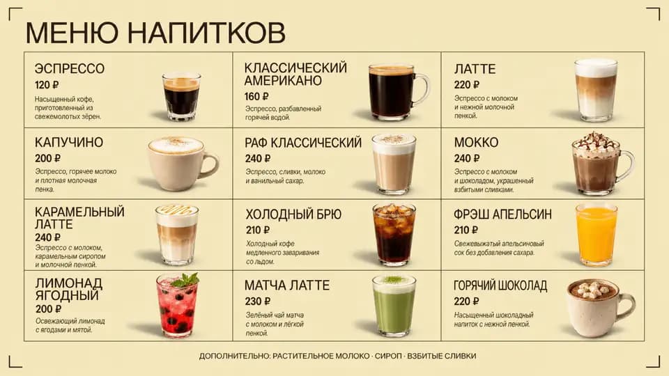 Меню напитков в сетке — шаблон меню-борда, горизонтальная версия 16:9