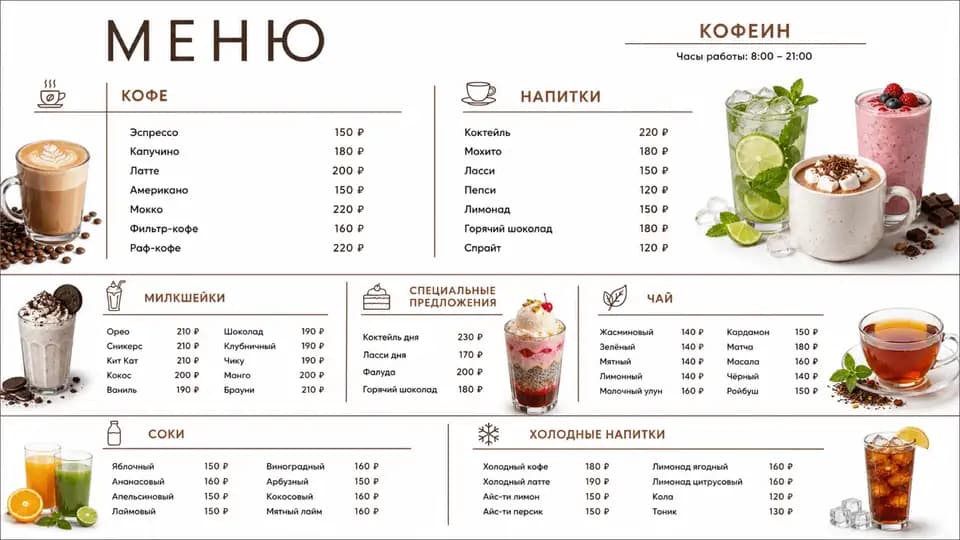 Меню кофейных напитков — шаблон меню-борда, горизонтальная версия 16:9