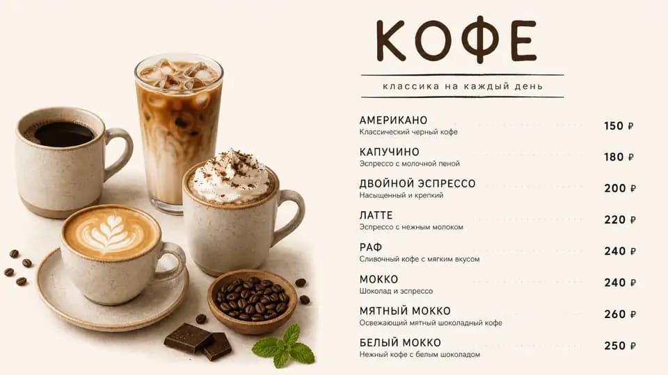 Кофейный прайс — шаблон меню-борда, горизонтальная версия 16:9