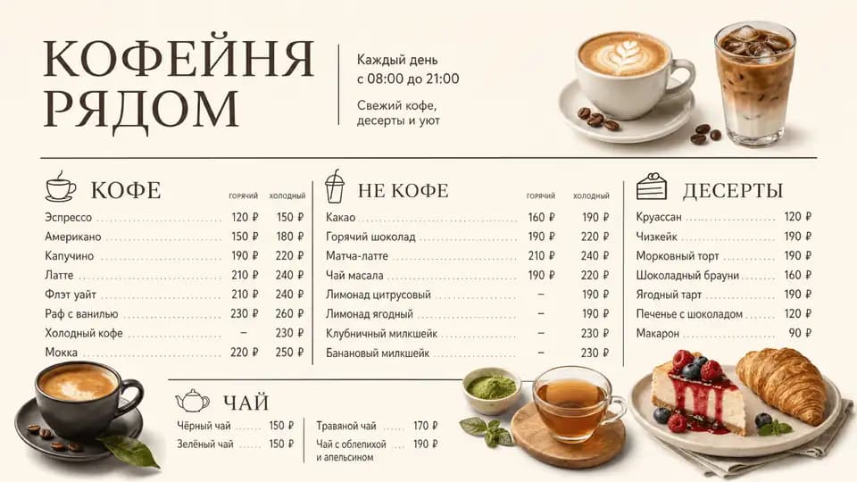 Меню кофейни рядом — шаблон меню-борда, горизонтальная версия 16:9