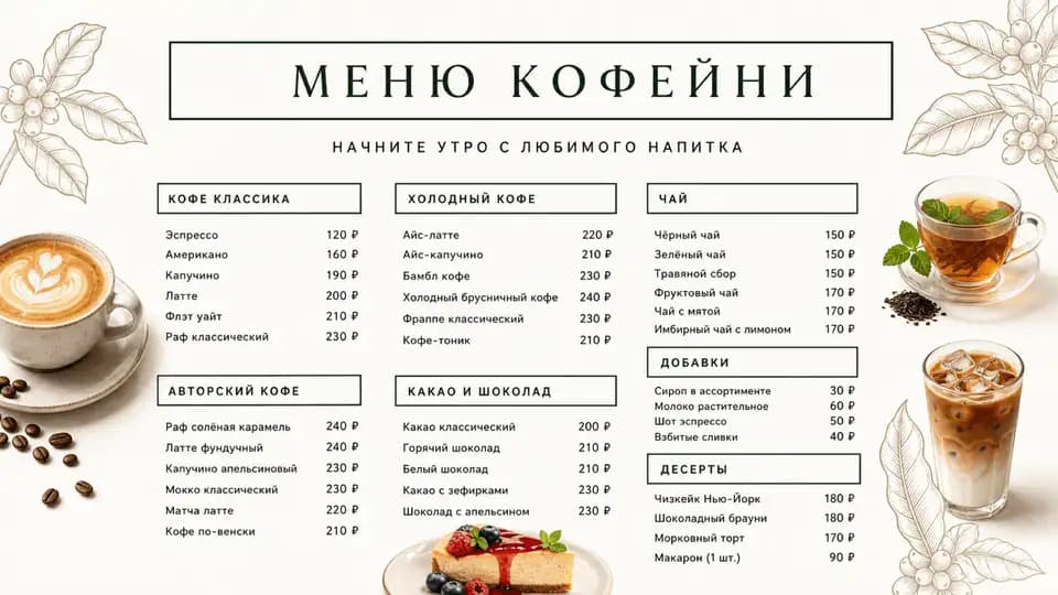 Прайс-лист кофейни — шаблон меню-борда, горизонтальная версия 16:9