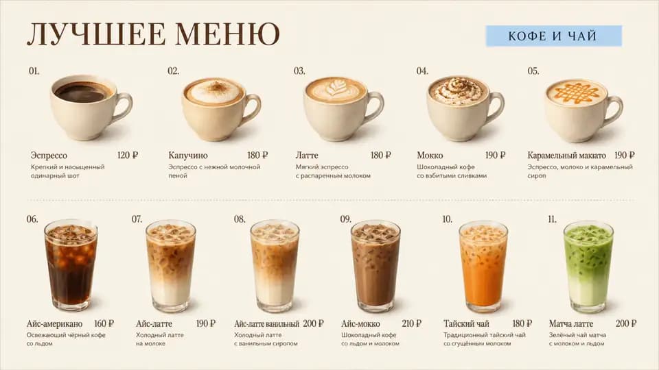 Меню кофе и чая — шаблон меню-борда, горизонтальная версия 16:9