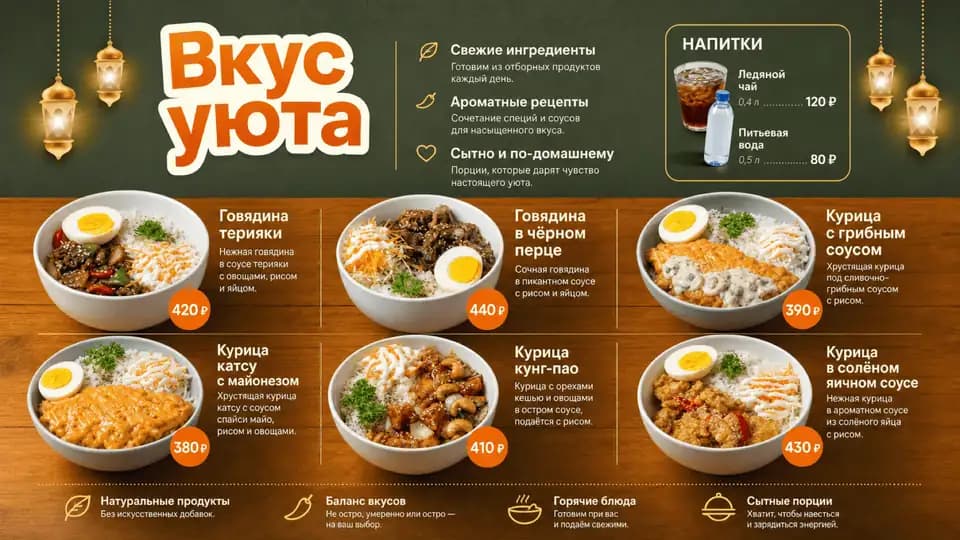 Уютное меню с домашней кухней — шаблон меню-борда, горизонтальная версия 16:9