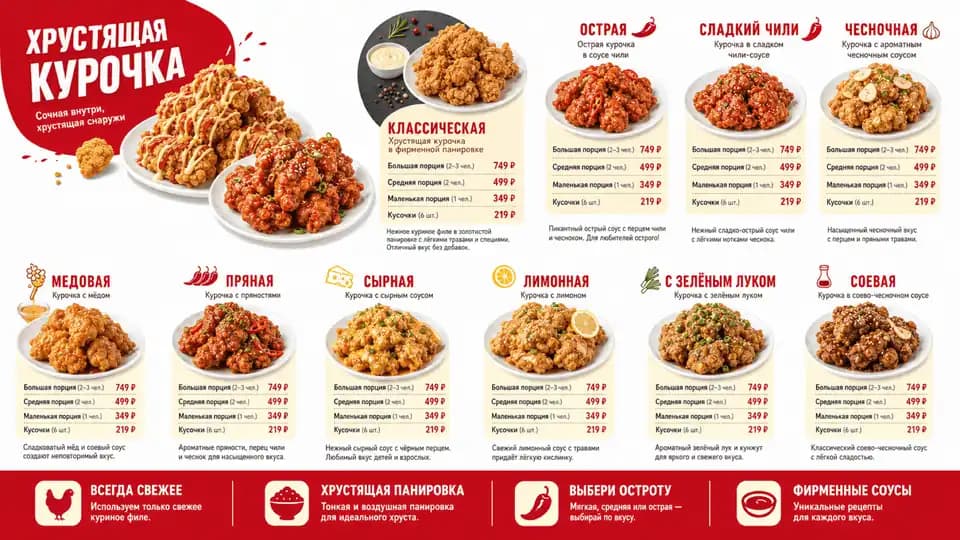 Хрустящая курочка — шаблон меню-борда, горизонтальная версия 16:9