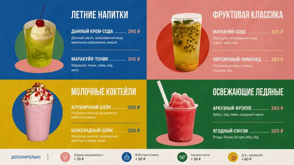 Летние напитки в цветных блоках — шаблон меню-борда, горизонтальная версия 16:9