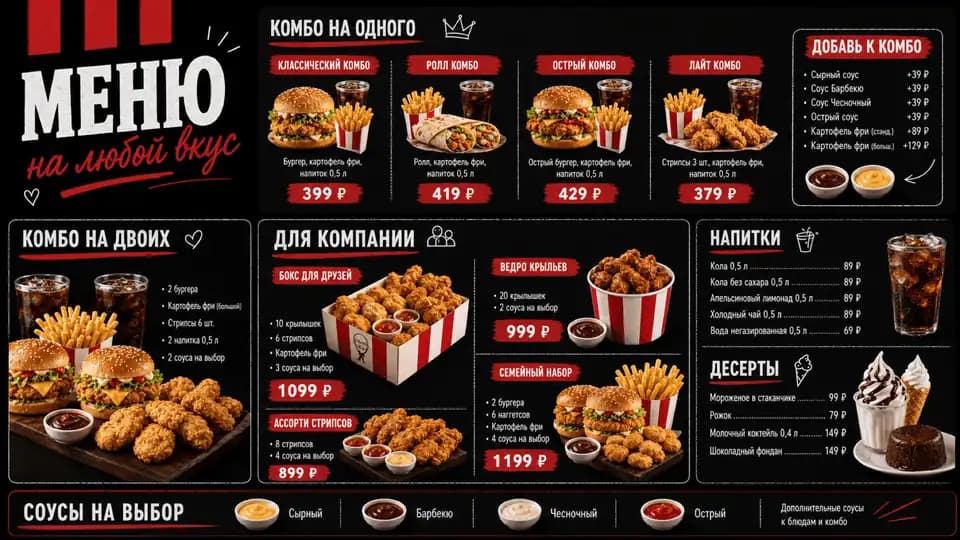 Тёмное меню: комбо на любой вкус — шаблон меню-борда, горизонтальная версия 16:9