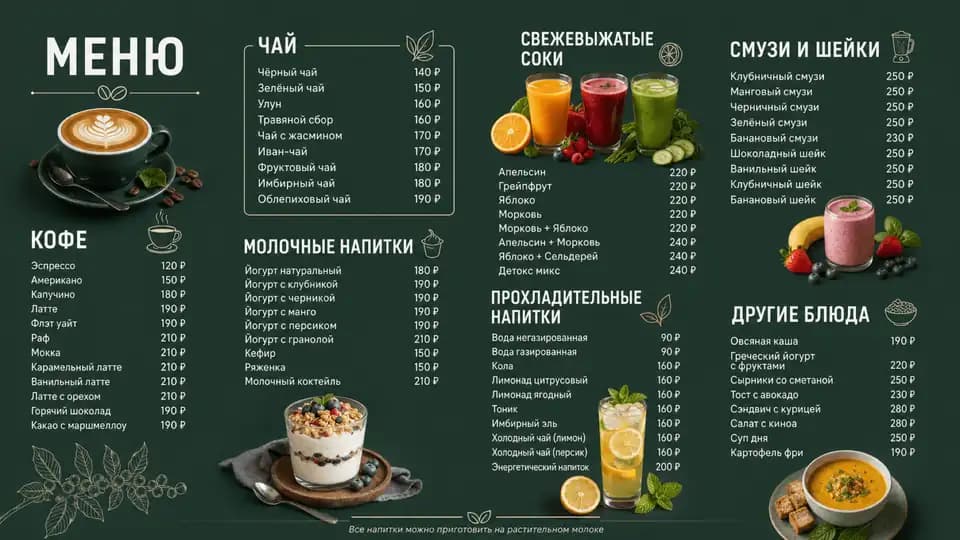 Тёмное меню кофейни — шаблон меню-борда, горизонтальная версия 16:9