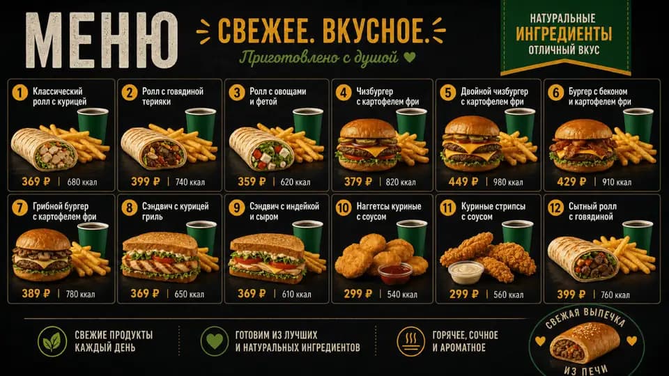Тёмное меню фастфуда — шаблон меню-борда, горизонтальная версия 16:9