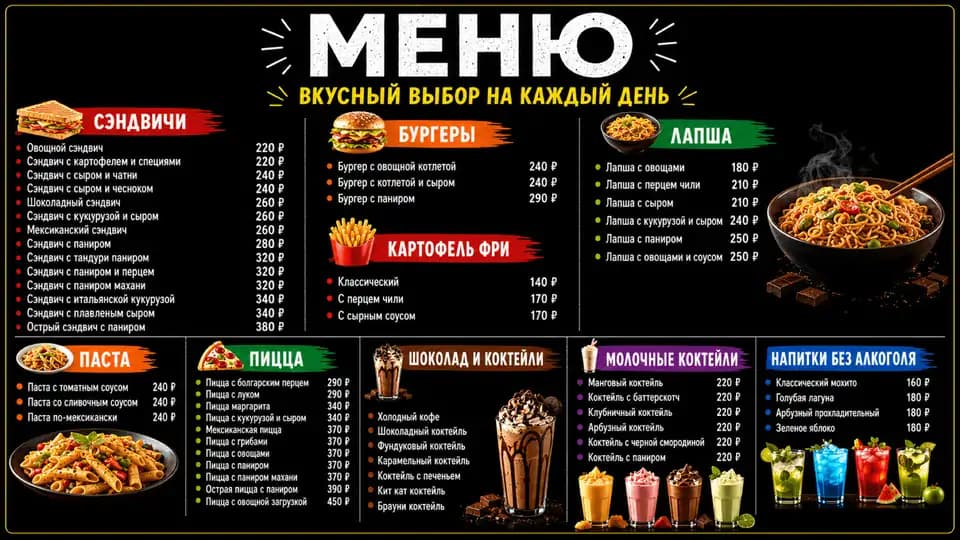 Тёмное меню ресторана — шаблон меню-борда, горизонтальная версия 16:9