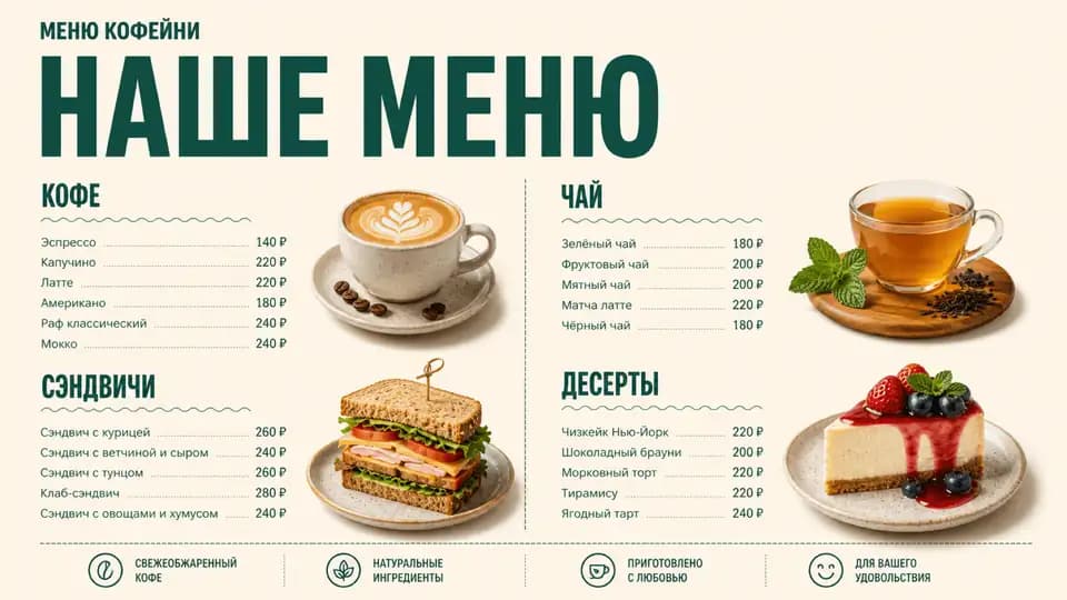 Эко-меню кафе — шаблон меню-борда, горизонтальная версия 16:9