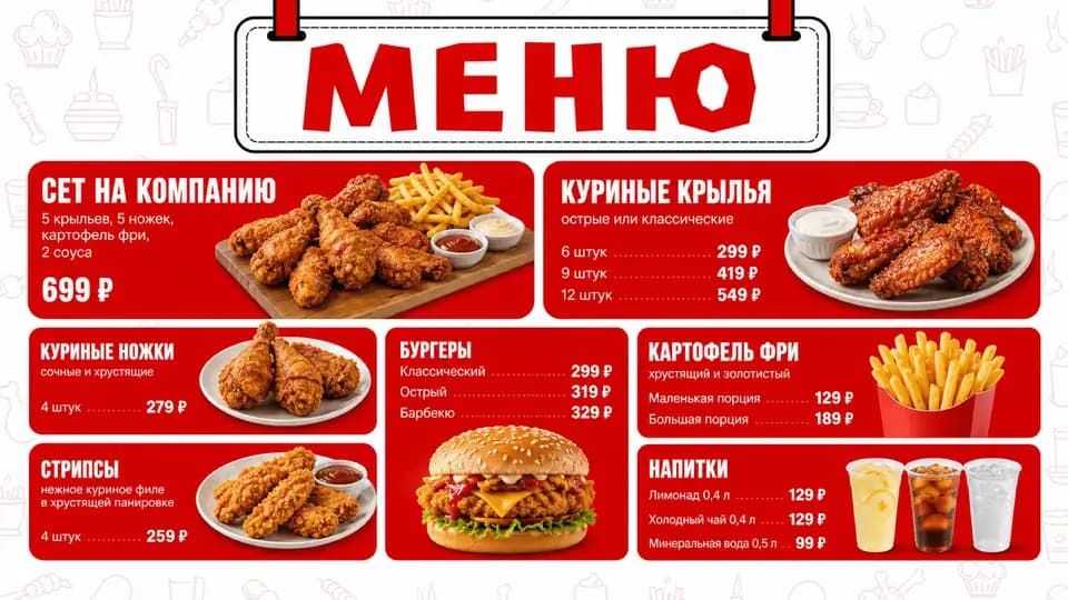 Семейное меню фастфуда — шаблон меню-борда, горизонтальная версия 16:9