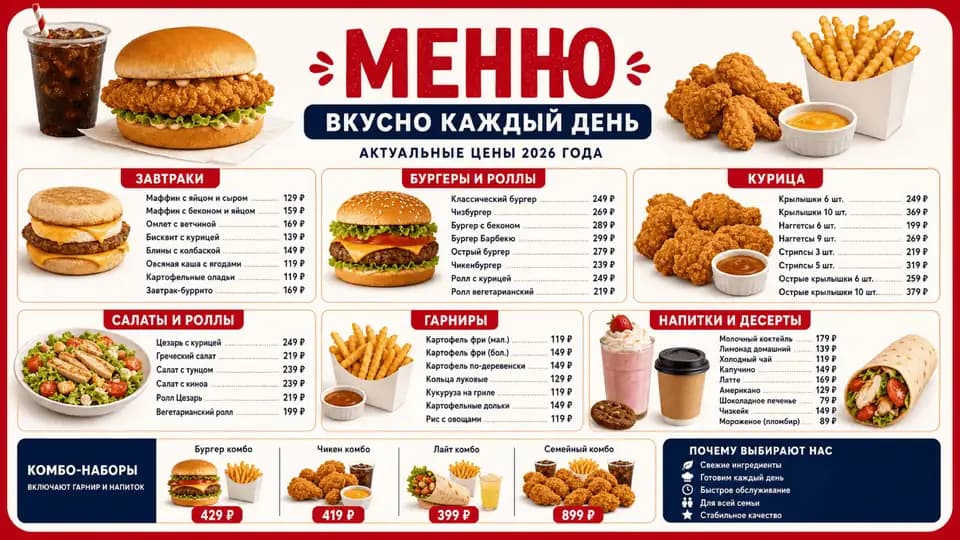 Меню фастфуда — шаблон меню-борда, горизонтальная версия 16:9
