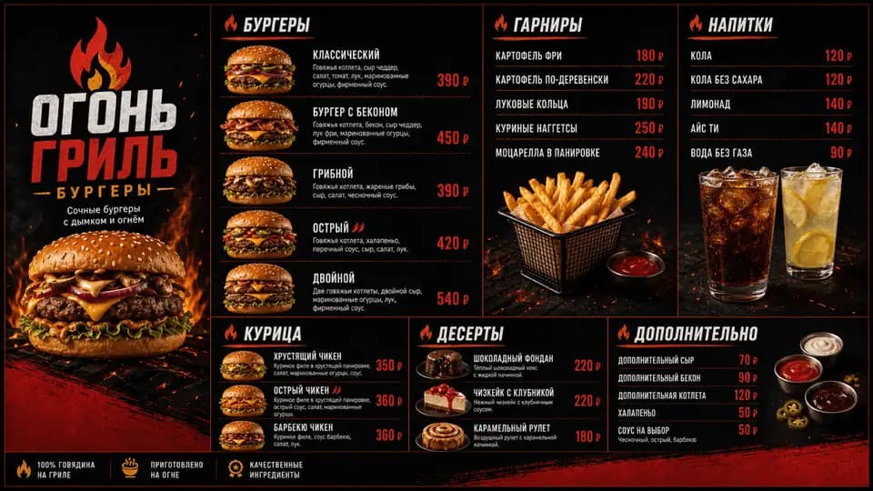 Огонь-гриль: бургеры — шаблон меню-борда, горизонтальная версия 16:9