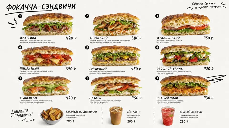 Меню фокаччи — шаблон меню-борда, горизонтальная версия 16:9