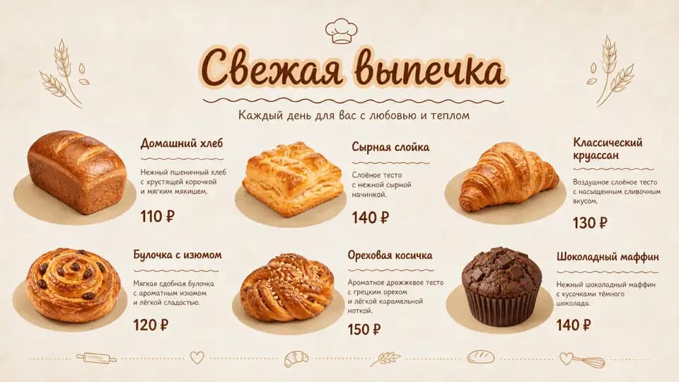 Свежая выпечка — шаблон меню-борда, горизонтальная версия 16:9