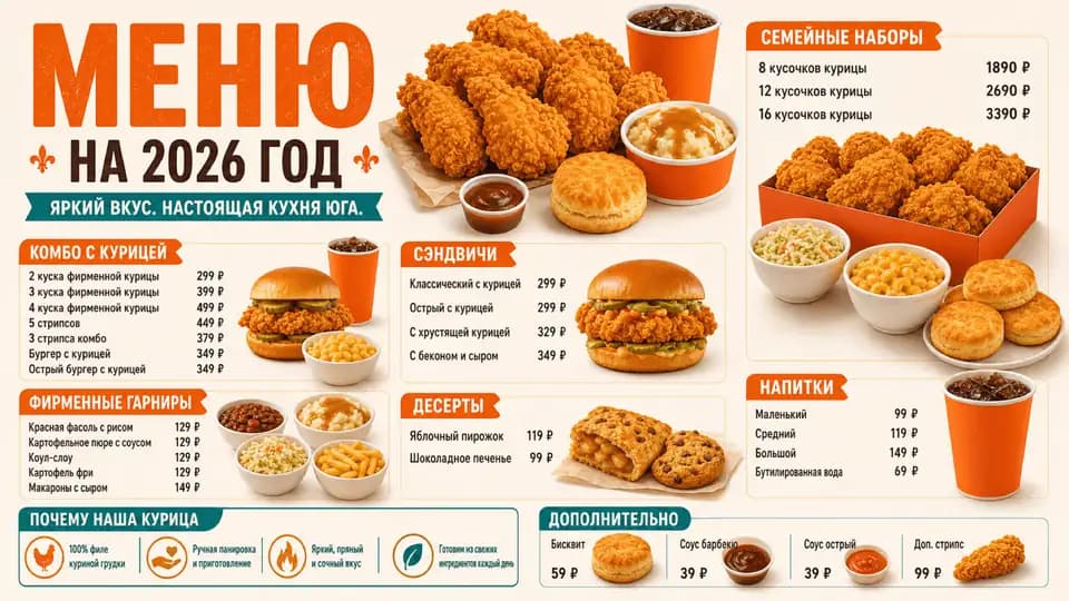 Меню жареной курицы — шаблон меню-борда, горизонтальная версия 16:9
