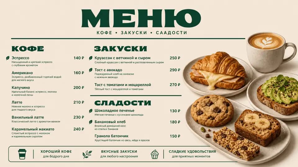 Зелёное меню кафе — шаблон меню-борда, горизонтальная версия 16:9