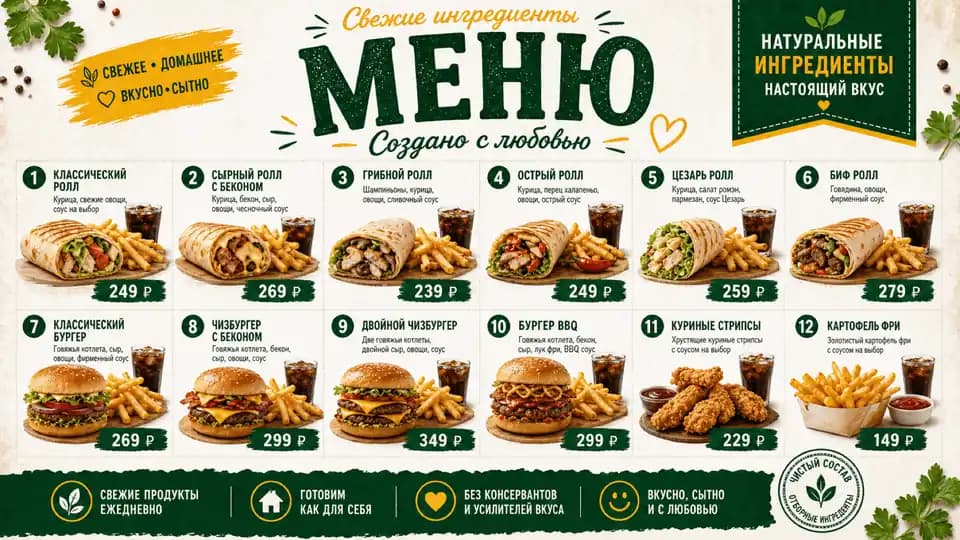 Меню роллов и бургеров — шаблон меню-борда, горизонтальная версия 16:9