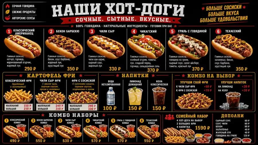 Меню хот-догов — шаблон меню-борда, горизонтальная версия 16:9