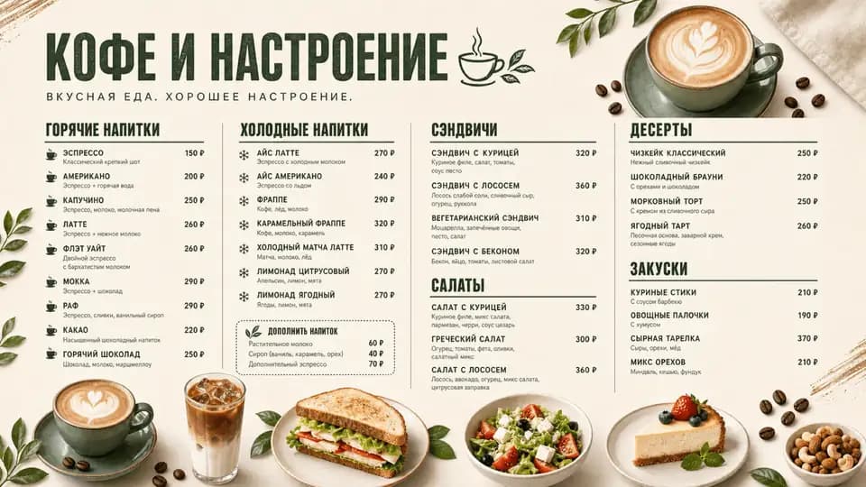 Кофейное меню с травами — шаблон меню-борда, горизонтальная версия 16:9