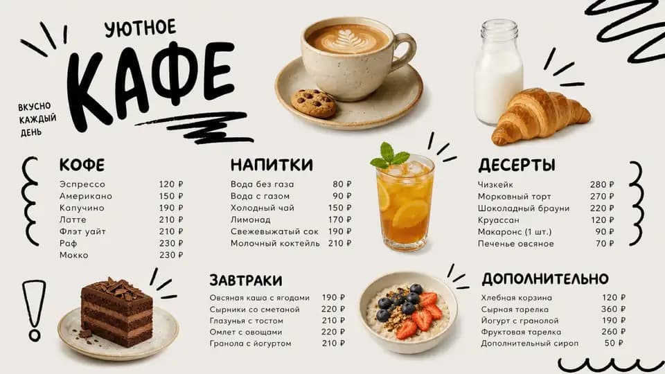 Уютное кафе с иллюстрациями — шаблон меню-борда, горизонтальная версия 16:9