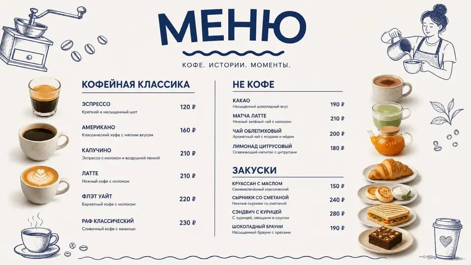 Иллюстративное меню кофейни — шаблон меню-борда, горизонтальная версия 16:9