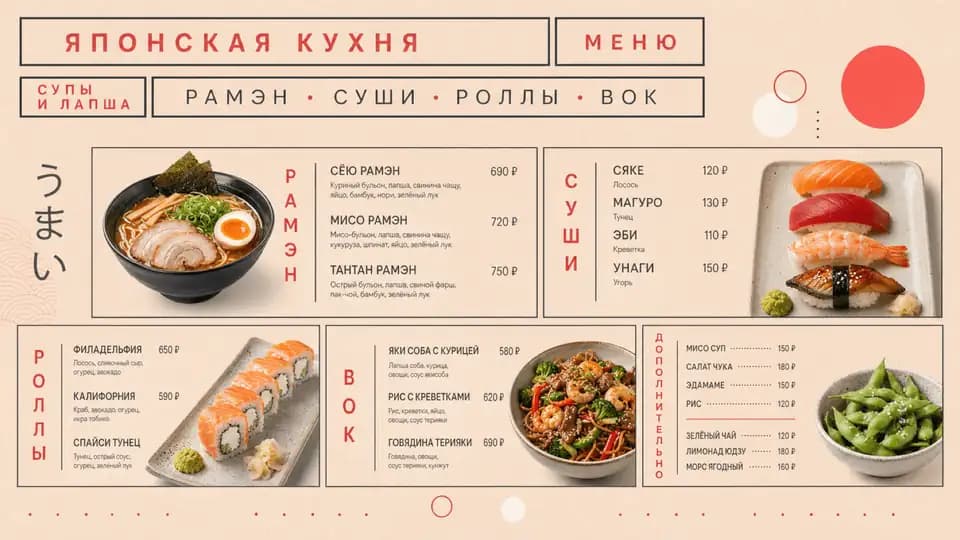 Японская кухня: рамэн, суши, роллы, вок — шаблон меню-борда, горизонтальная версия 16:9
