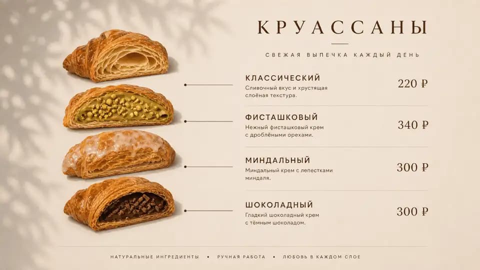 Меню круассанов с начинками — шаблон меню-борда, горизонтальная версия 16:9