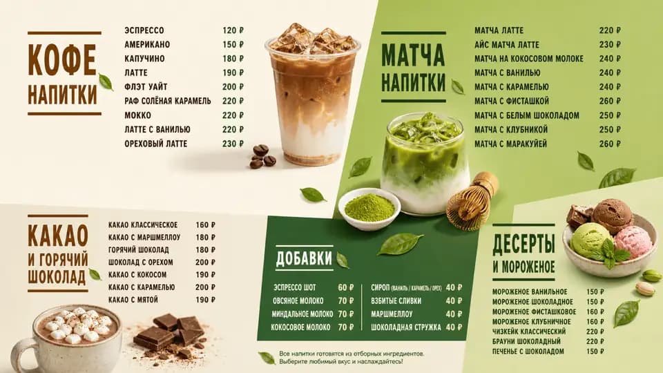 Кофе, матча и какао — шаблон меню-борда, горизонтальная версия 16:9