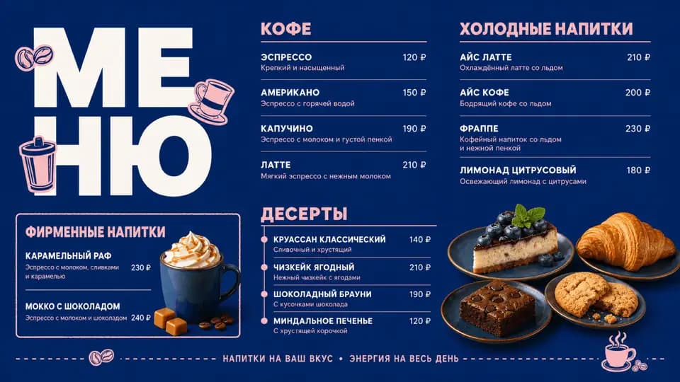 Меню кофейни в синей палитре — шаблон меню-борда, горизонтальная версия 16:9